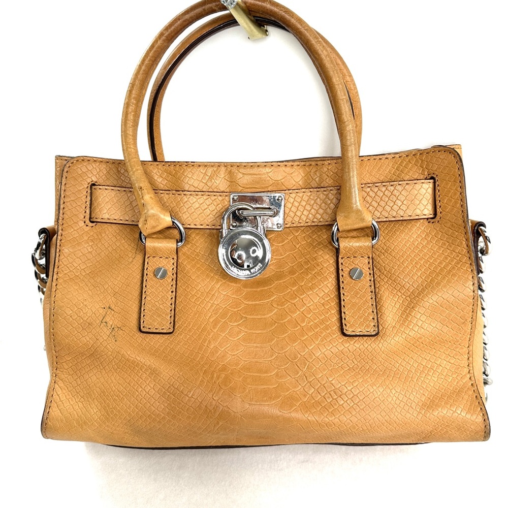 Michael Kors Tan Snakeskin Embossed Leather Shoulder Bag Brass Lock Chain Strap - Picture 4 of 11